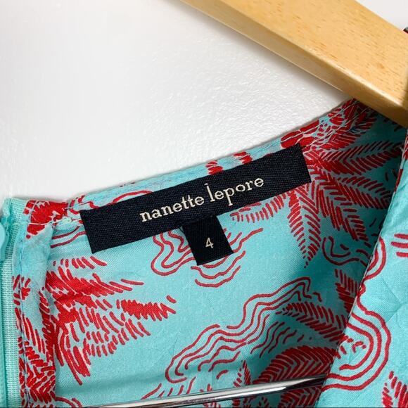 Nanette Lepore Teal & Red 100% Silk Peplum Waist Palm Print Dress Size 4 - Picture 10 of 13
